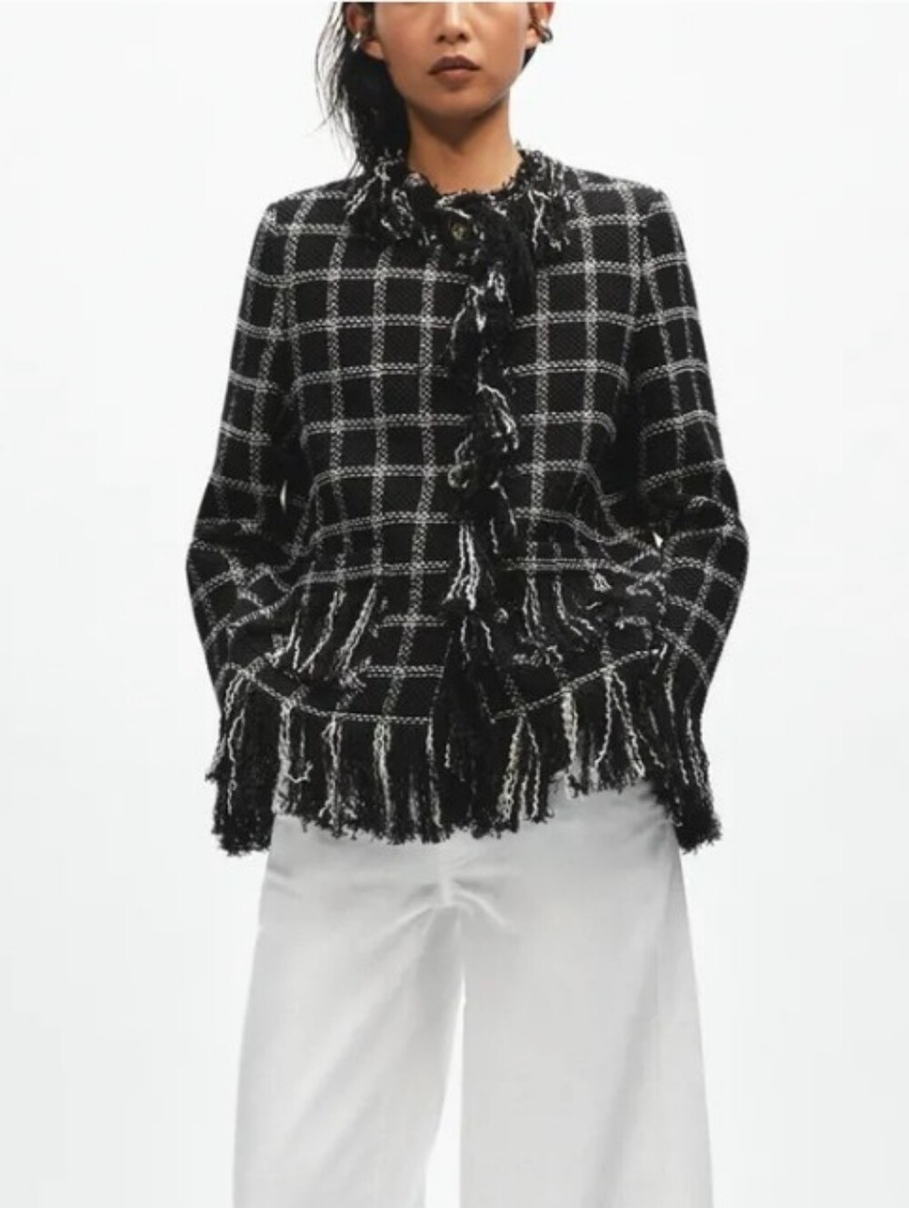 Zara Zw Collection Fringed Plaid Jacket